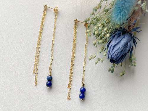 Boucles oreilles Ambre, Lapis Lazuli, posées, S'TELLE création bijoux